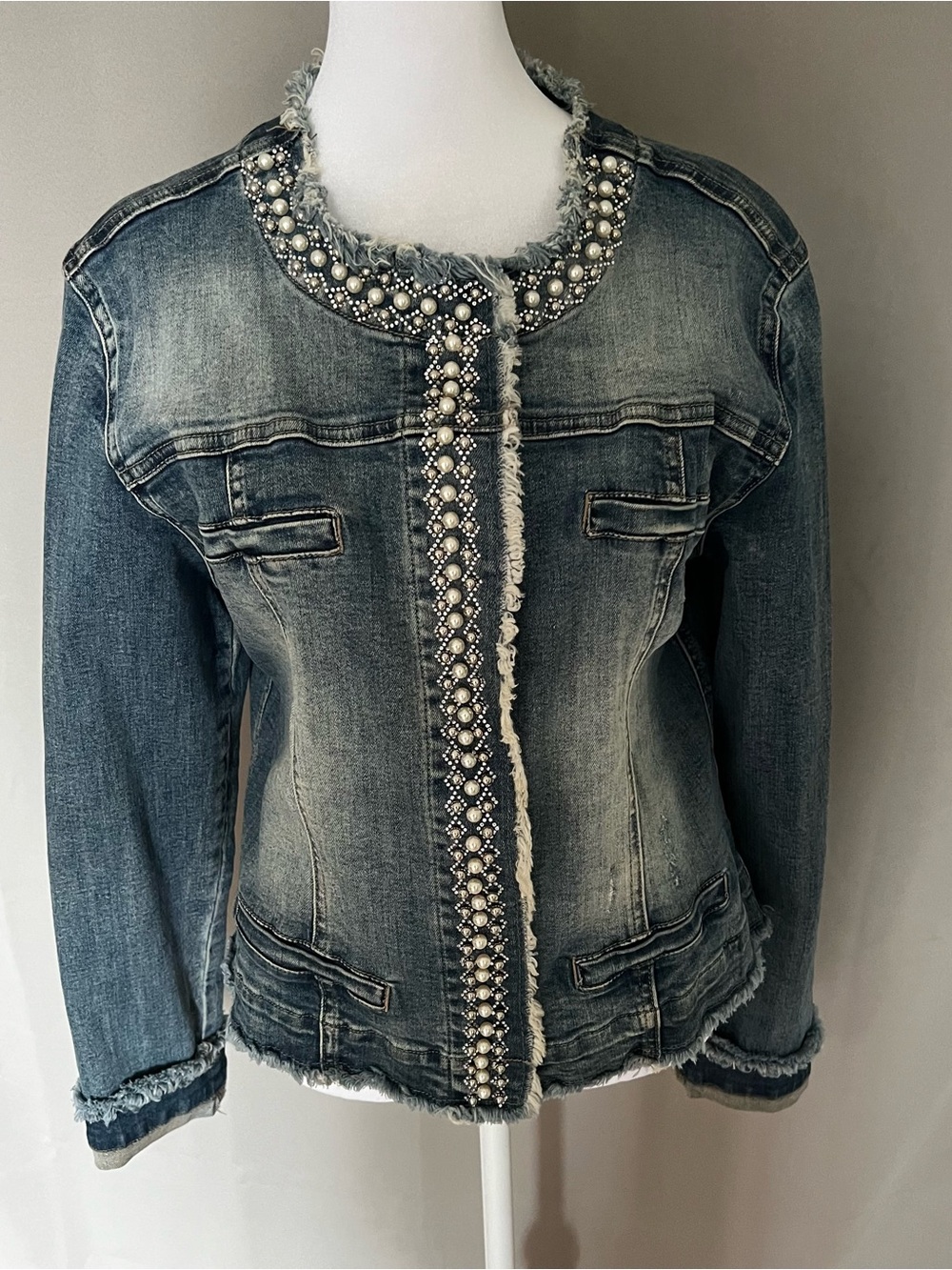 Melly & Co Embellished Blue Denim Jacket with Pearl Trim